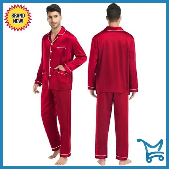Satin Couples Pajama Set Long Sleeve Button Down Sleepwear with Pockets